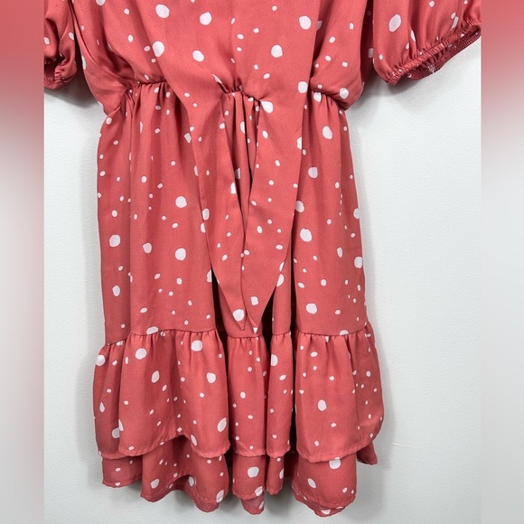 Coral pink mini dress, Small, white polka dots, puff sleeves, tiered, Flowy - Picture 5 of 7
